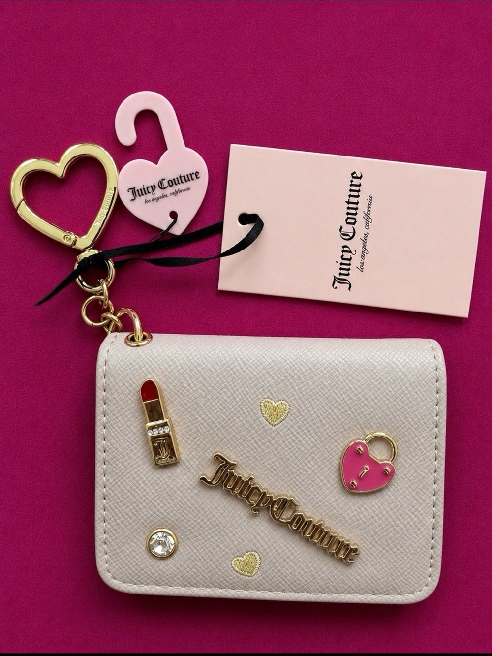 NWT Juicy Couture Cream Pink Card Holder Wallet Keychain With Charms ID Window - Picture 2 of 9